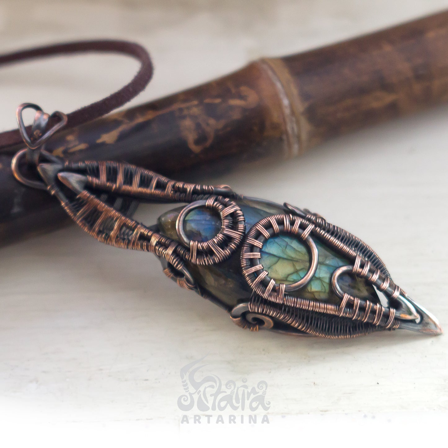 Long wire wrapped necklace pendant with labradorite