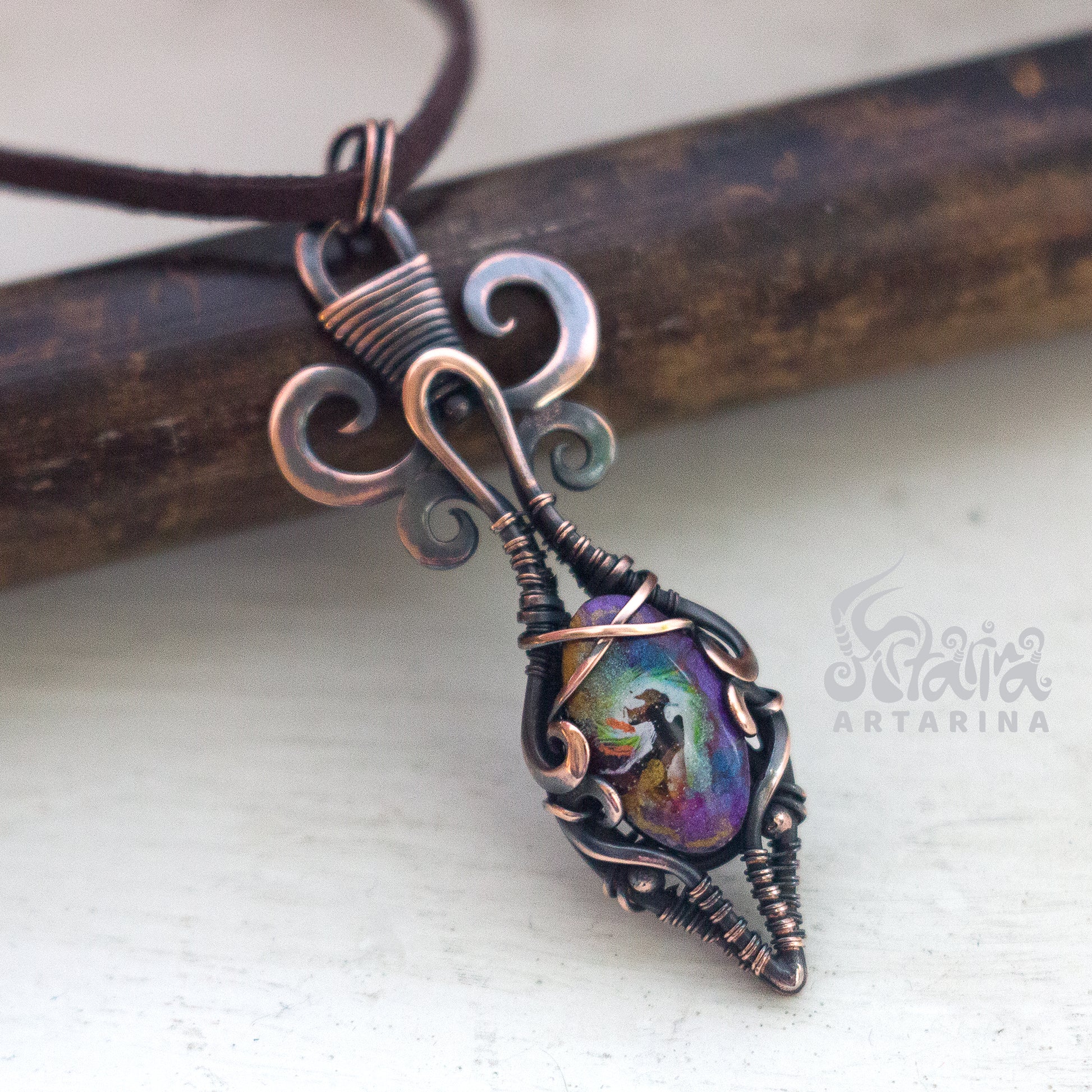 Small baby dragon hand painted unique copper wire wrapped necklace pic 3