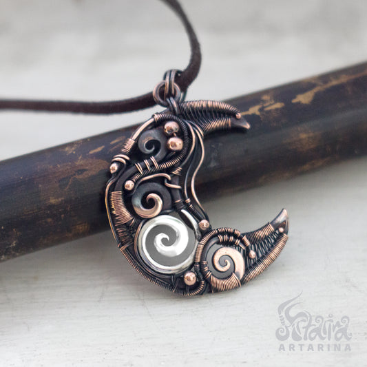Hand crafted half-moon copper and silver stempunk moon necklace pic 1