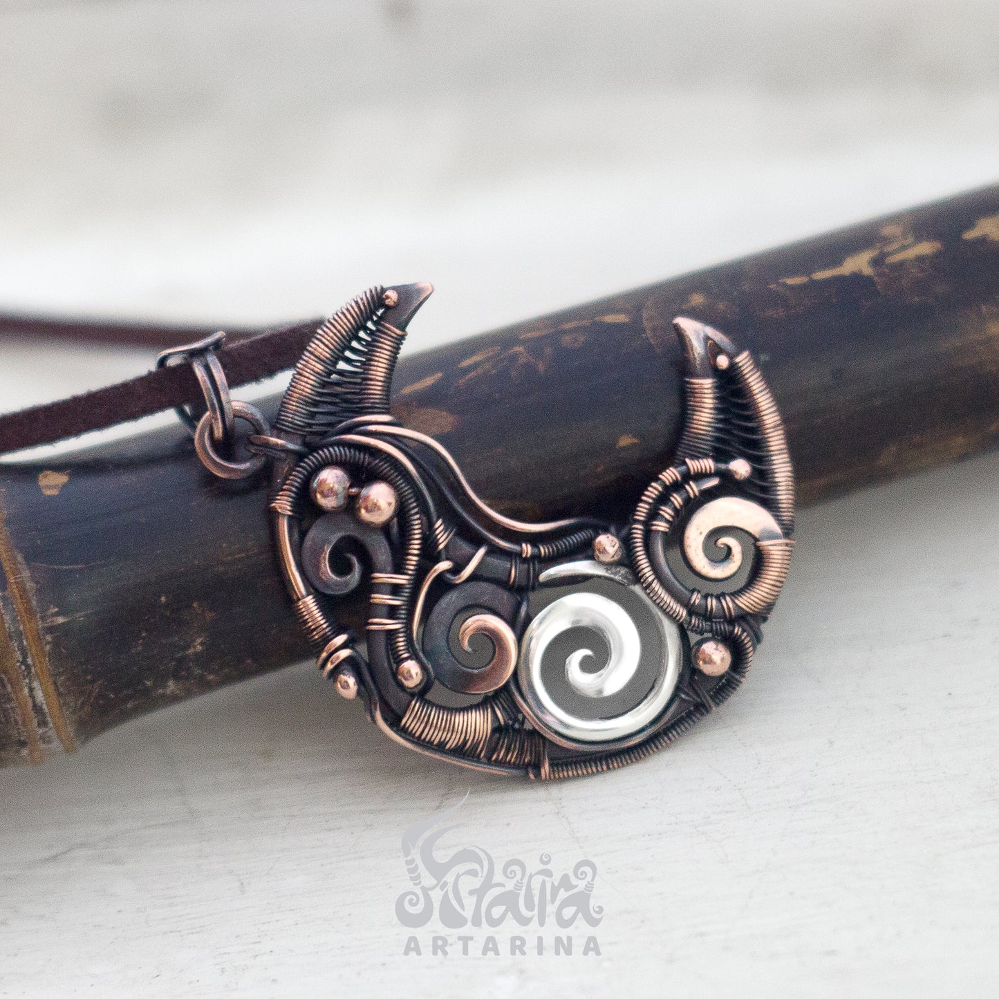 Hand crafted half-moon copper and silver stempunk moon necklace pic 2