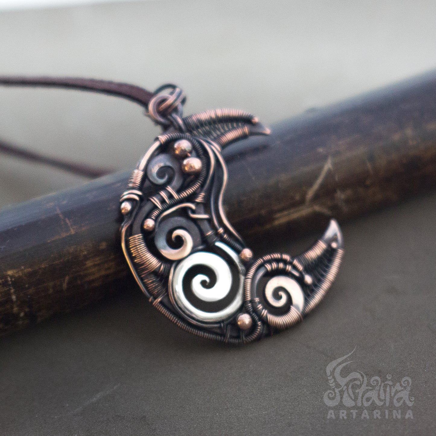 Hand crafted half-moon copper and silver stempunk moon necklace pic 3