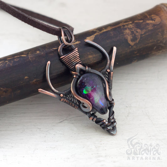 Fairy wire wrapped necklace. Opal style fantasy pendant pic 1