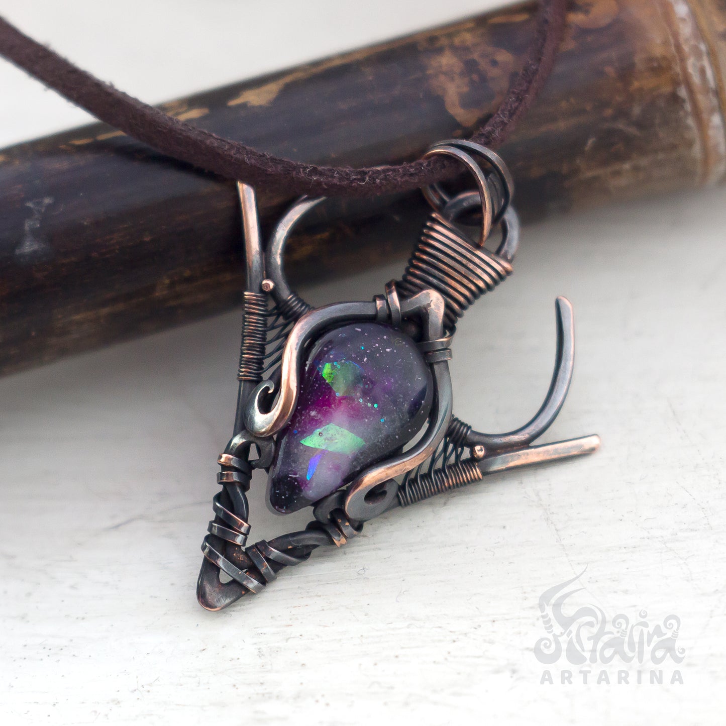 Fairy wire wrapped necklace. Opal style fantasy pendant pic 2