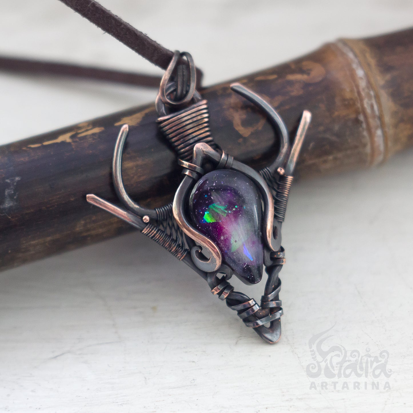 Fairy wire wrapped necklace. Opal style fantasy pendant pic 3