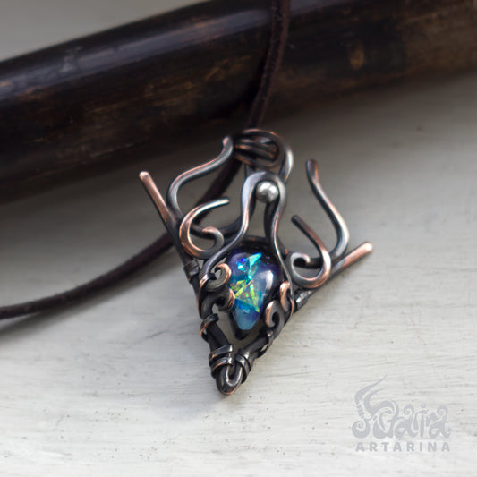 Blue sparkles stone wire wrapped pendant. Opal style fantasy necklace pic 1