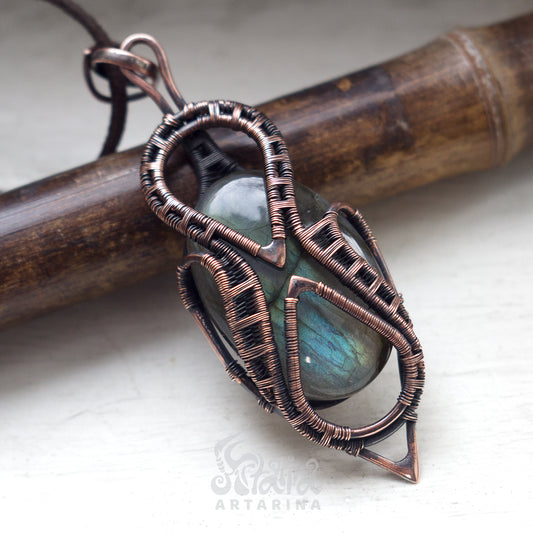 Labradorite bold steampunk wire wrapped necklace pic 1Medusa Hermes Egyptian jewelry ancient aliens pagan jewelry atlantis annunaki aesthetic necklace neptune sumerian enki inanna tiamat