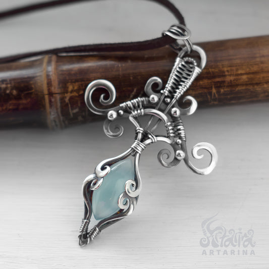 Fantasy elven silver necklace with blue chalcedony gemstone pic 1