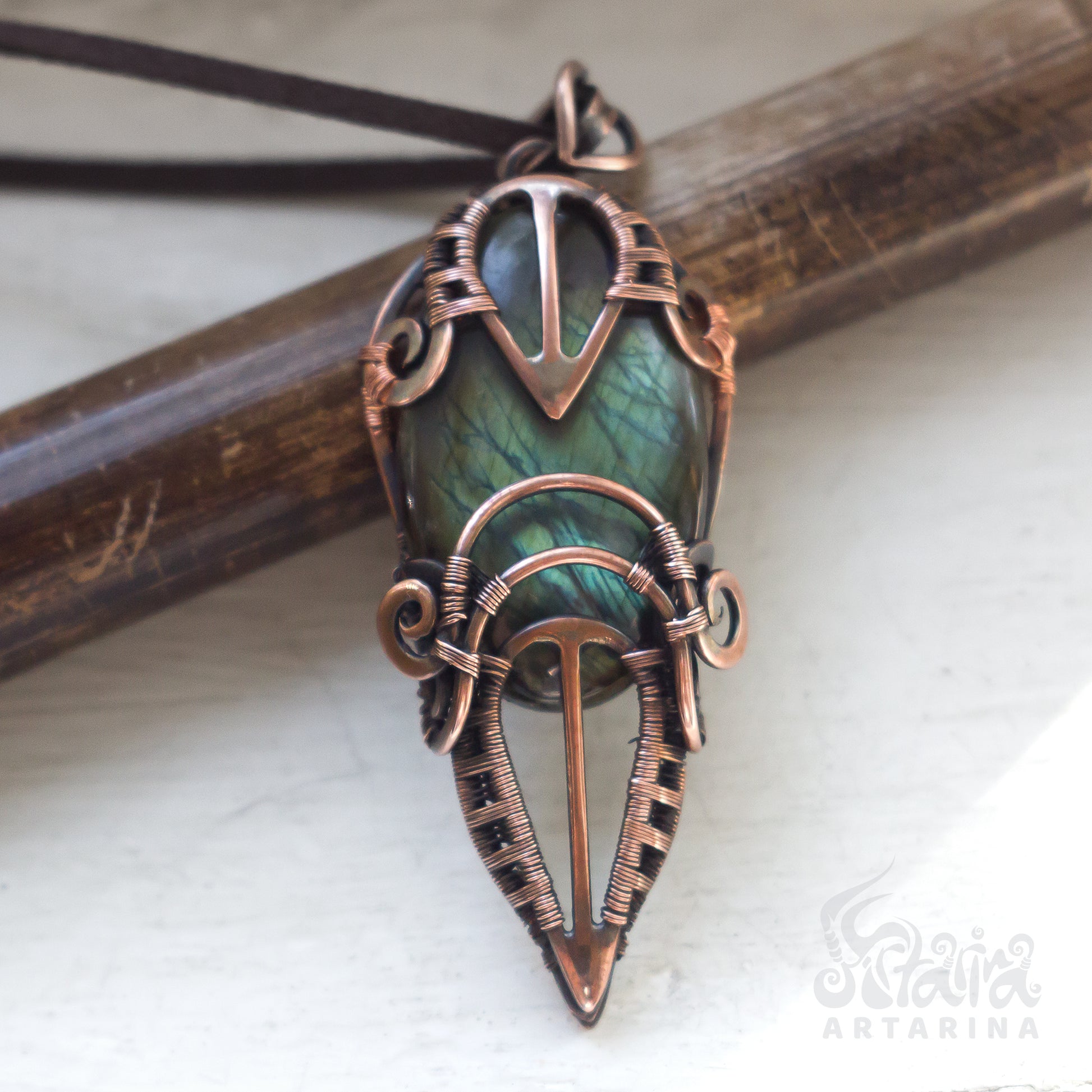 Magic grimoire witch necklace. Mystical green labradorite dragon vein pendant