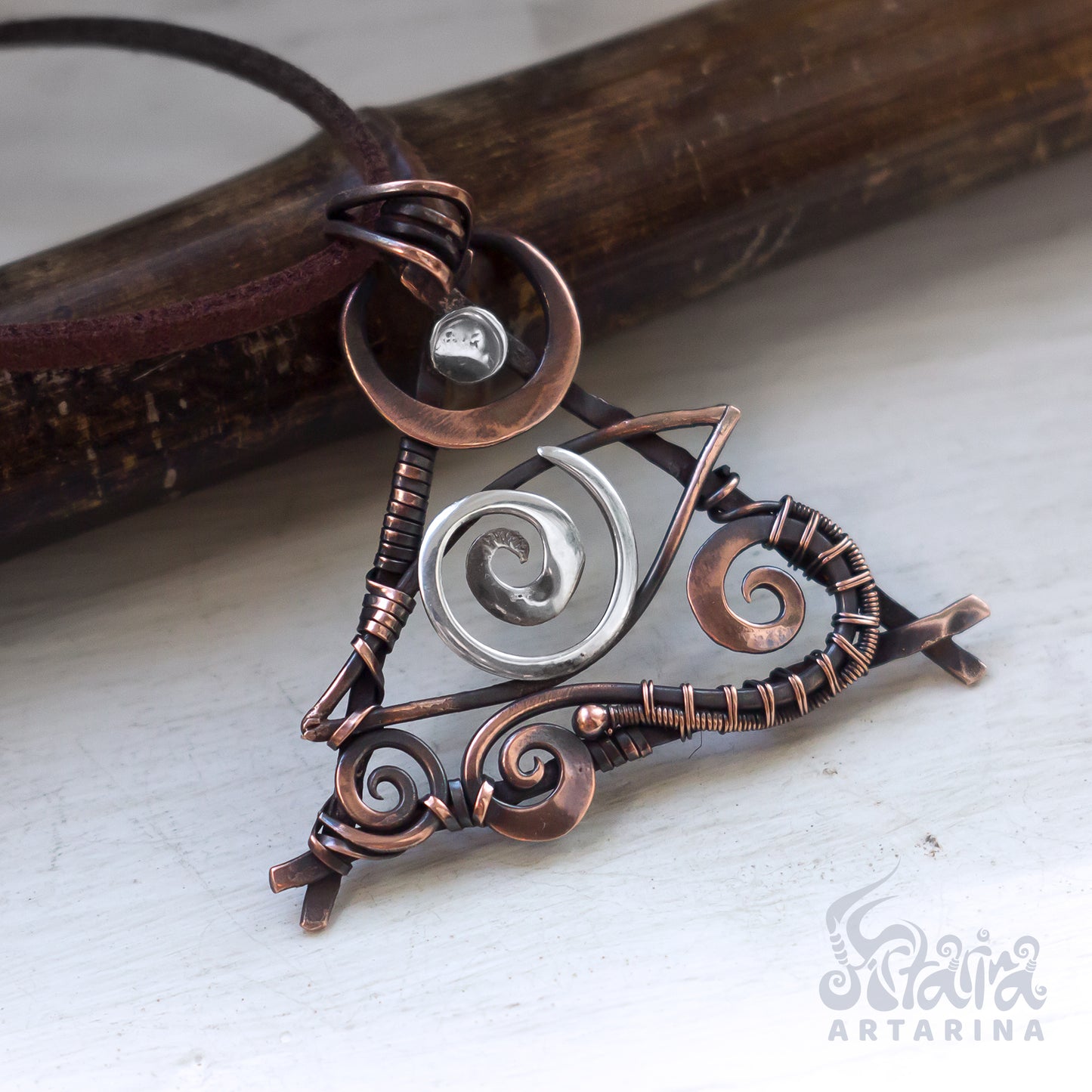 Wire wrapped third eye magical talisman necklace. Unique spiral wrework pendant