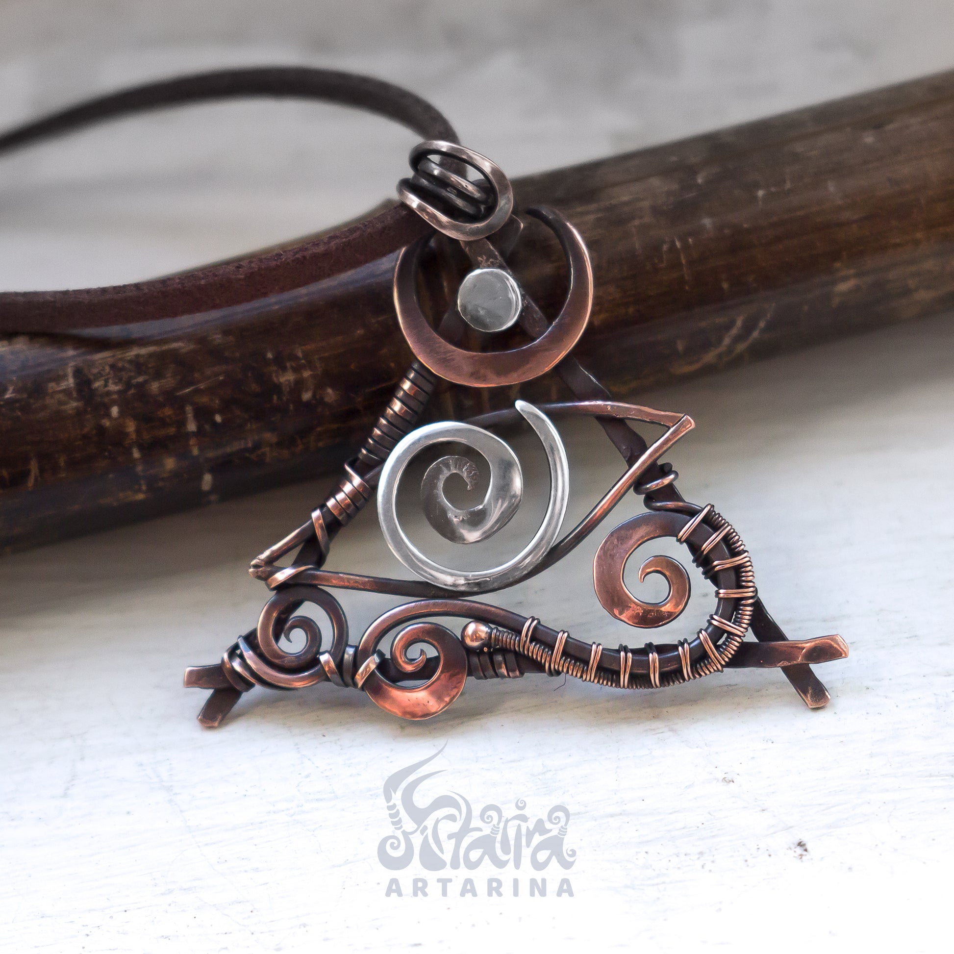 Wire wrapped third eye magical talisman necklace. Unique spiral wrework pendant