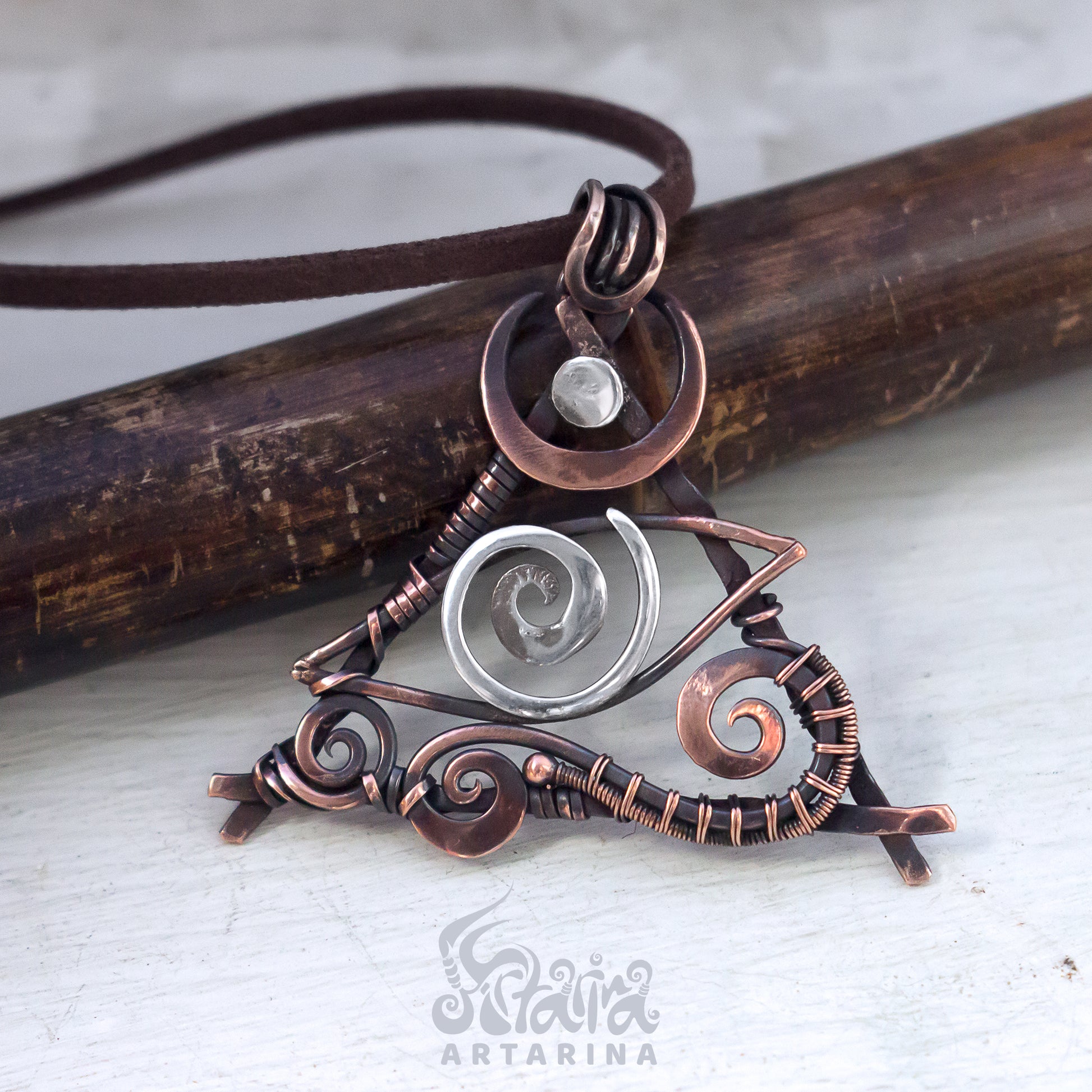 Wire wrapped third eye magical talisman necklace. Unique spiral wrework pendant