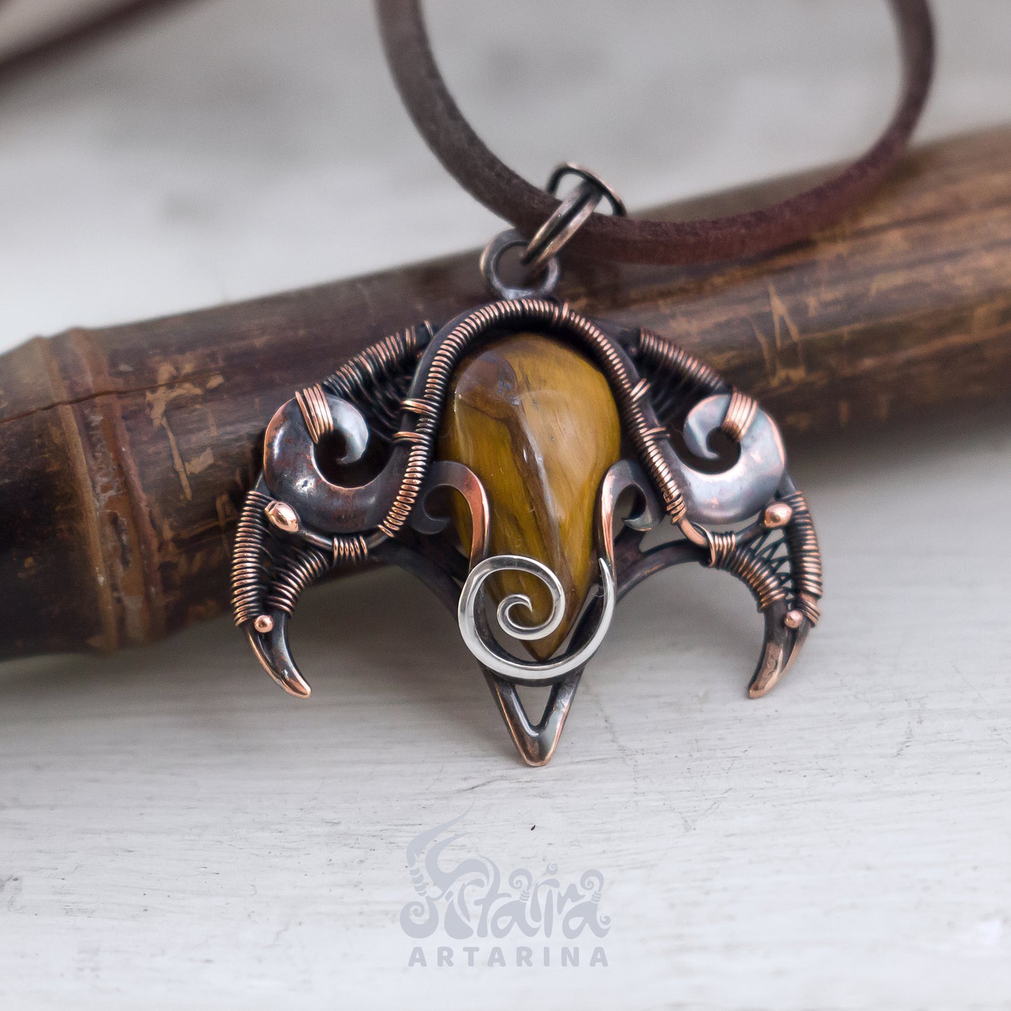 Tiger's eye ancient art wire wrapped necklace