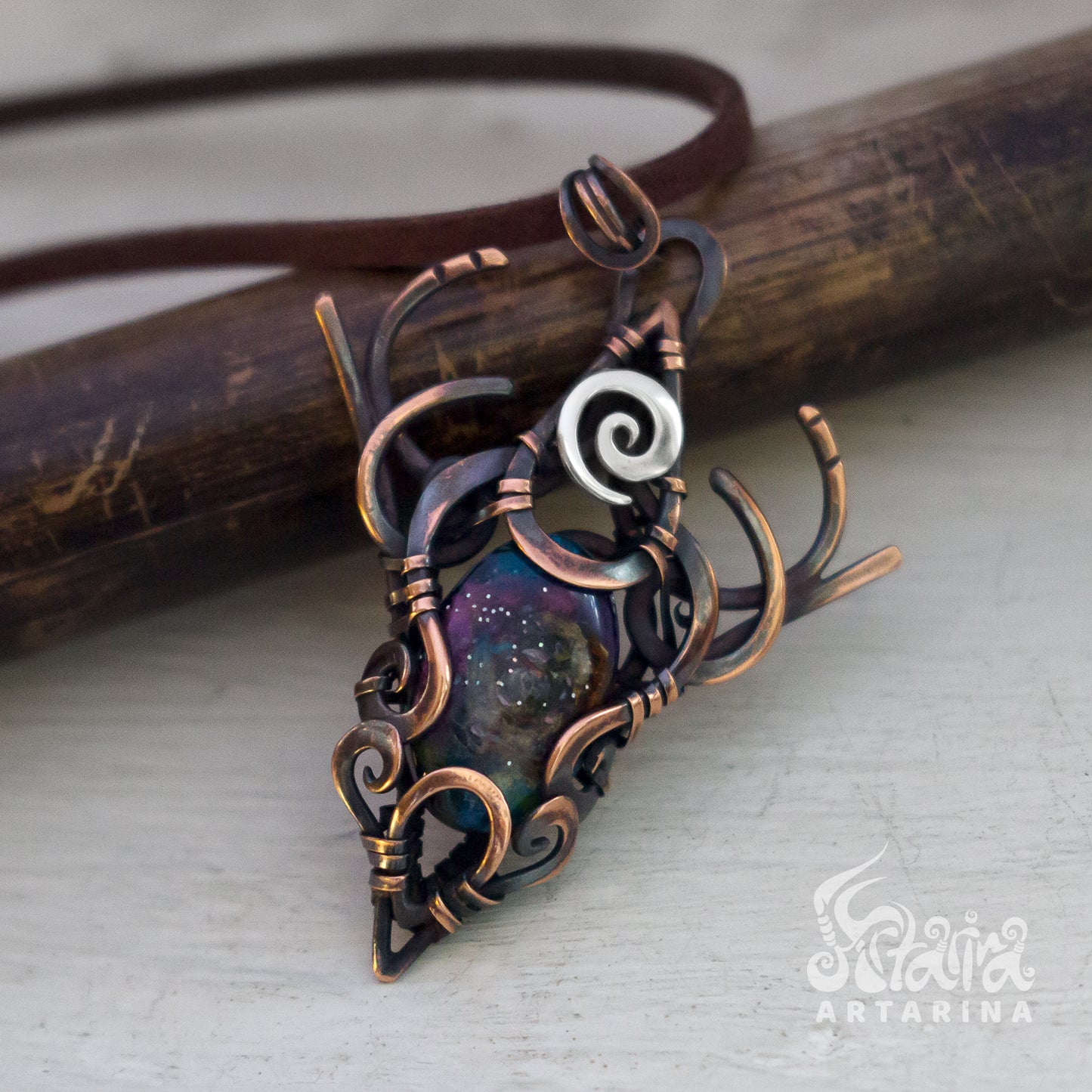 Fantasy fairy horns unique copper antiqued necklace