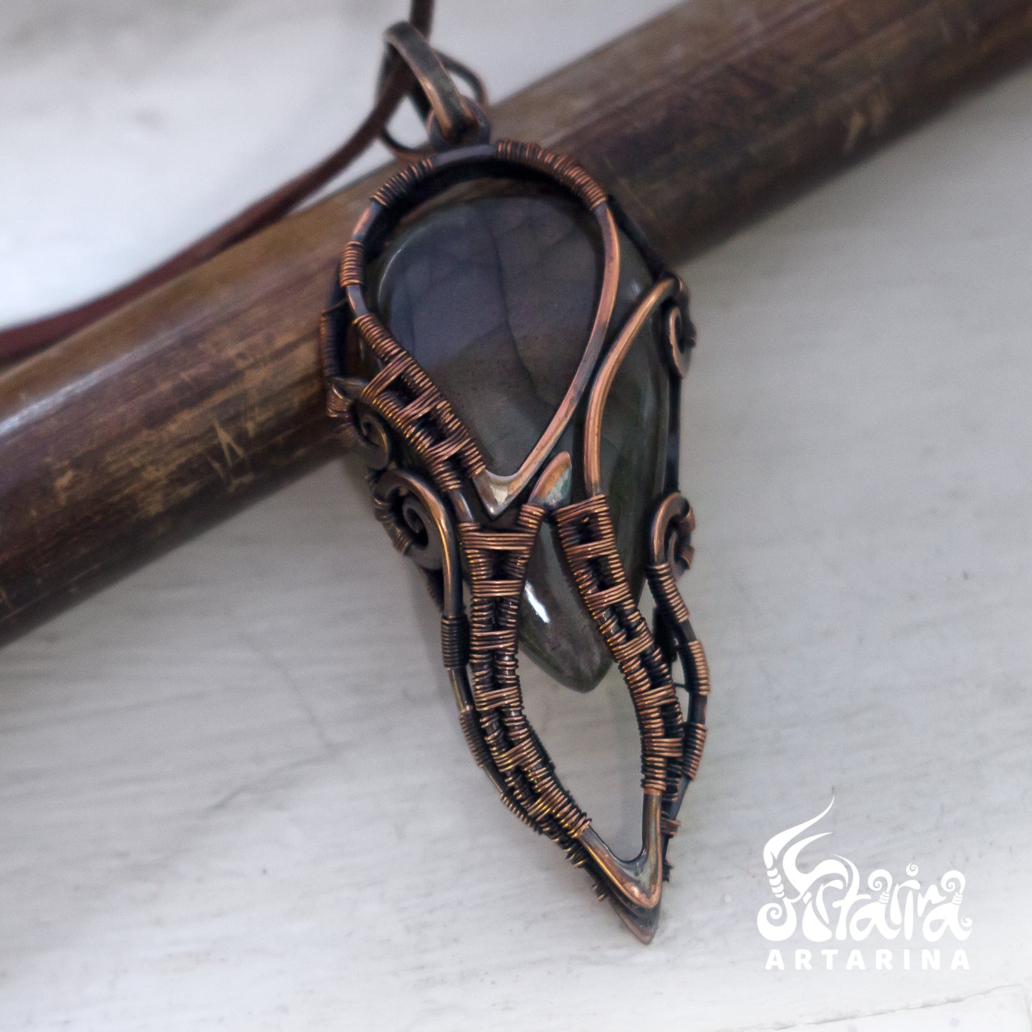 Copper wire wrapped necklace with labradorite stone