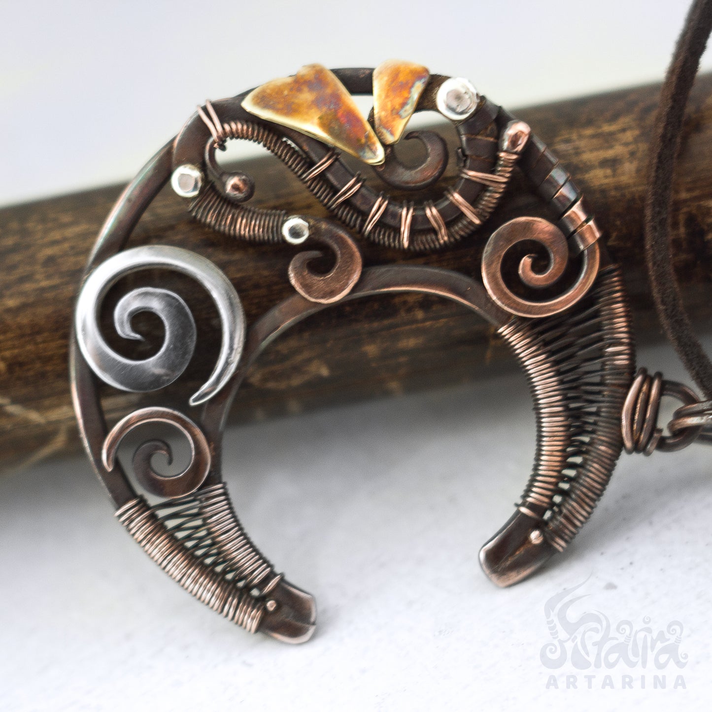Wire wrap crescent moon sacred pendant