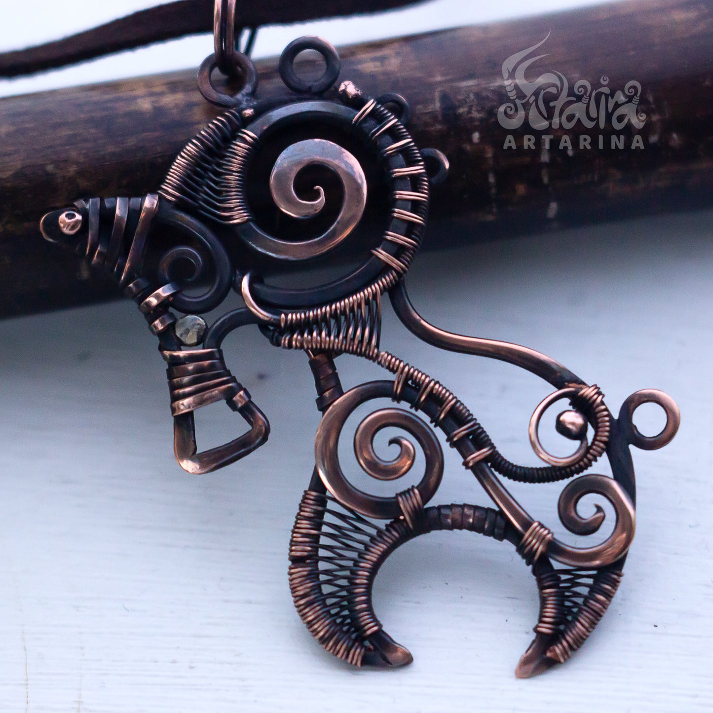 Unicorn wire wrapped pendant. Antiqued punk jewelry.