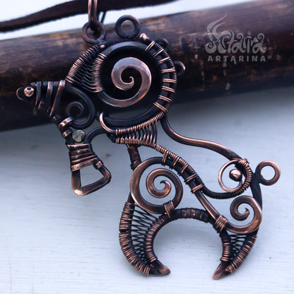 Unicorn wire wrapped pendant. Antiqued punk jewelry.