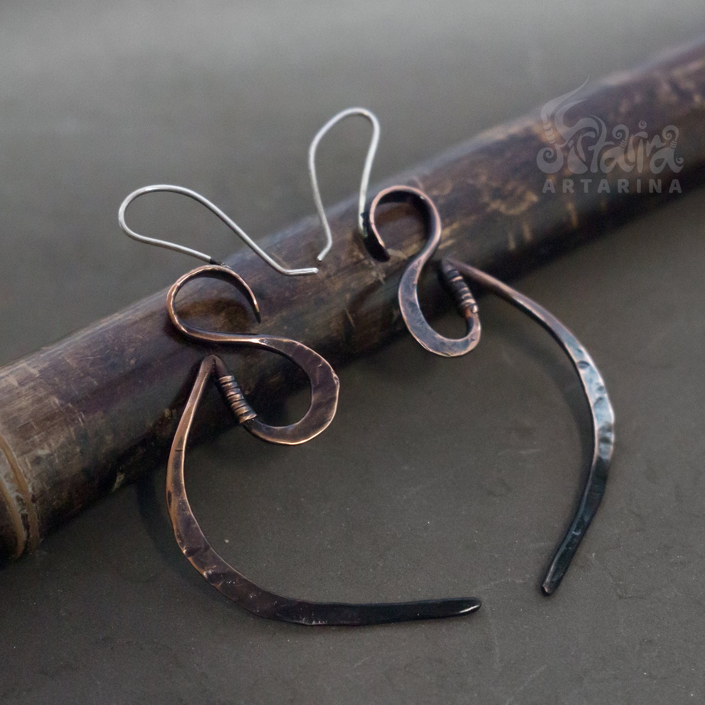 Hammered patinated Copper Dangle Earrings / Hand forged unique big copper earrings