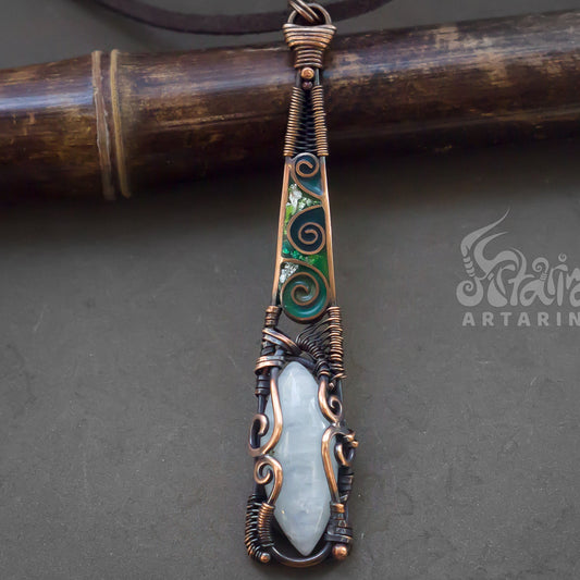 White moonstone unique deep brown copper enamel wire necklace pic 2