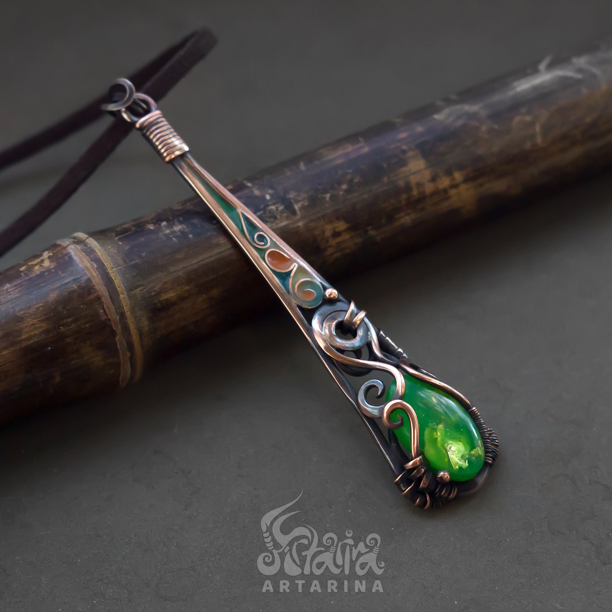 Long copper necklace with beautiful resin enamel pattern and green handcrafted resin cabochon.  pic 2