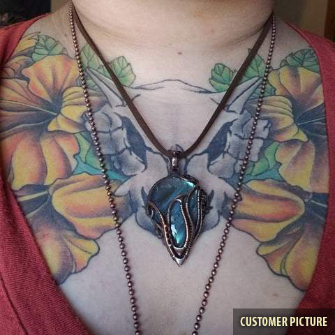 copper necklace on person