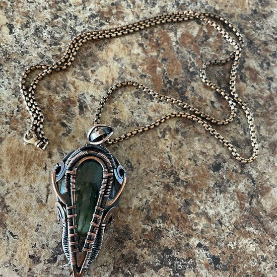 Mens rustic wire wrapped copper pendant on chain