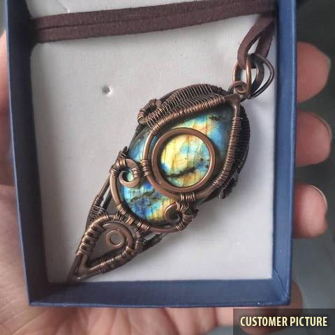 Multicolored labradorite copper necklace made from wire in blue gift box