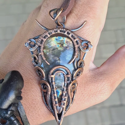 Spiritual witchy shamanic amulet. Unique labradorite bold big handcrafted necklace