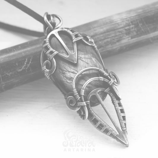 Magic grimoire witch necklace. Mystical green labradorite dragon vein pendant