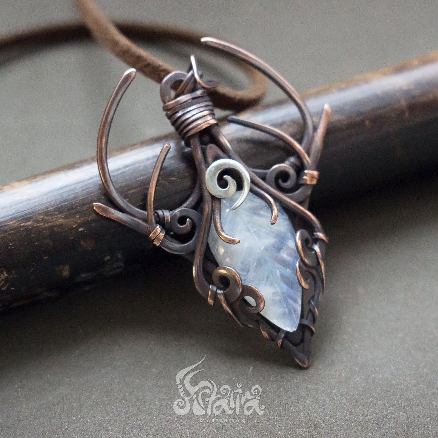 elven fairy moonstone wire wrapped necklace Carved leaf moonstone jewelry pendant leaf jewelry necklace