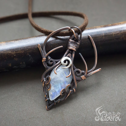 elven fairy moonstone wire wrapped necklace Carved leaf moonstone jewelry pendant leaf jewelry necklace