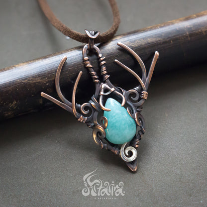 Druid fairy protection amulet pendant necklace made from copper with light blue amazonite stone