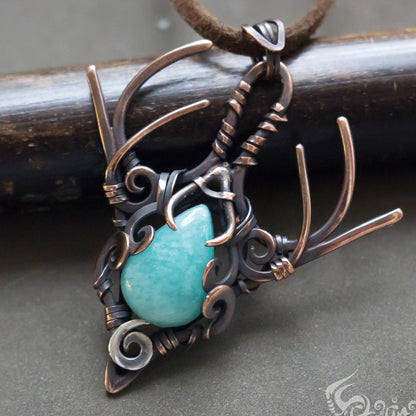 Druid fairy protection amulet pendant necklace made from copper with light blue amazonite stone