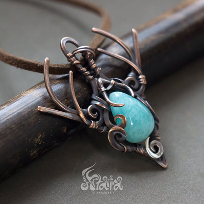 Druid fairy protection amulet pendant necklace made from copper with light blue amazonite stone