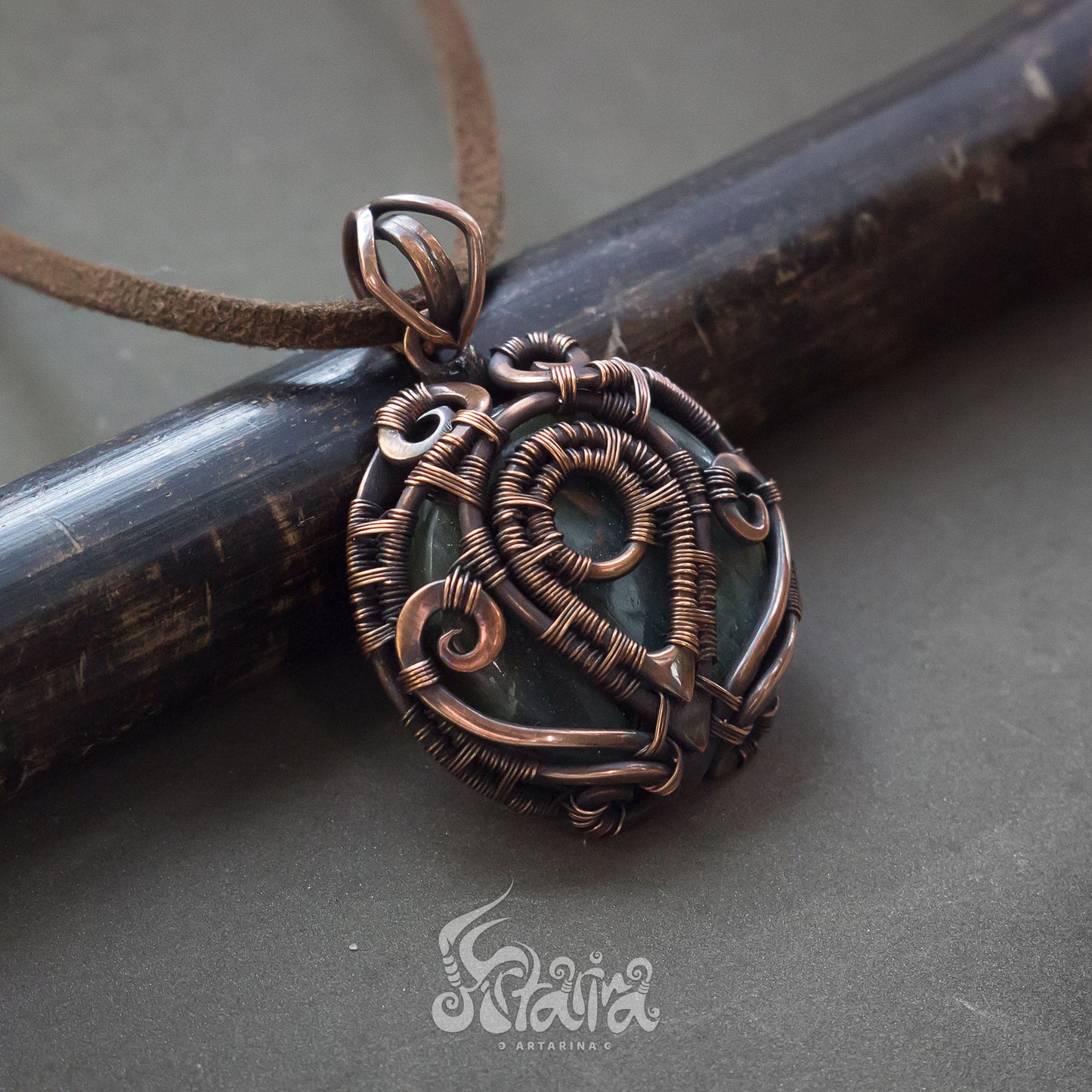 Wire wrapped pendant. Round copper wire wrap stone pendant Unique handcrafted heady bold pendant
