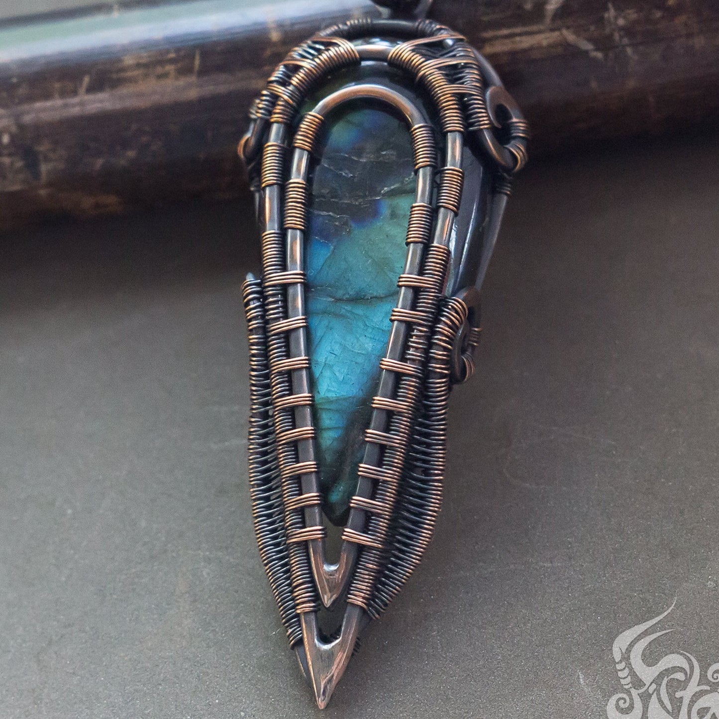 Wire wrapped pendant. Copper wire wrap stone pendant Geek rpg jewelry piece Neck mans hanger deep blue natural labradorite stone unique handcrafted necklace Pagan spiritual healing pendant on neck