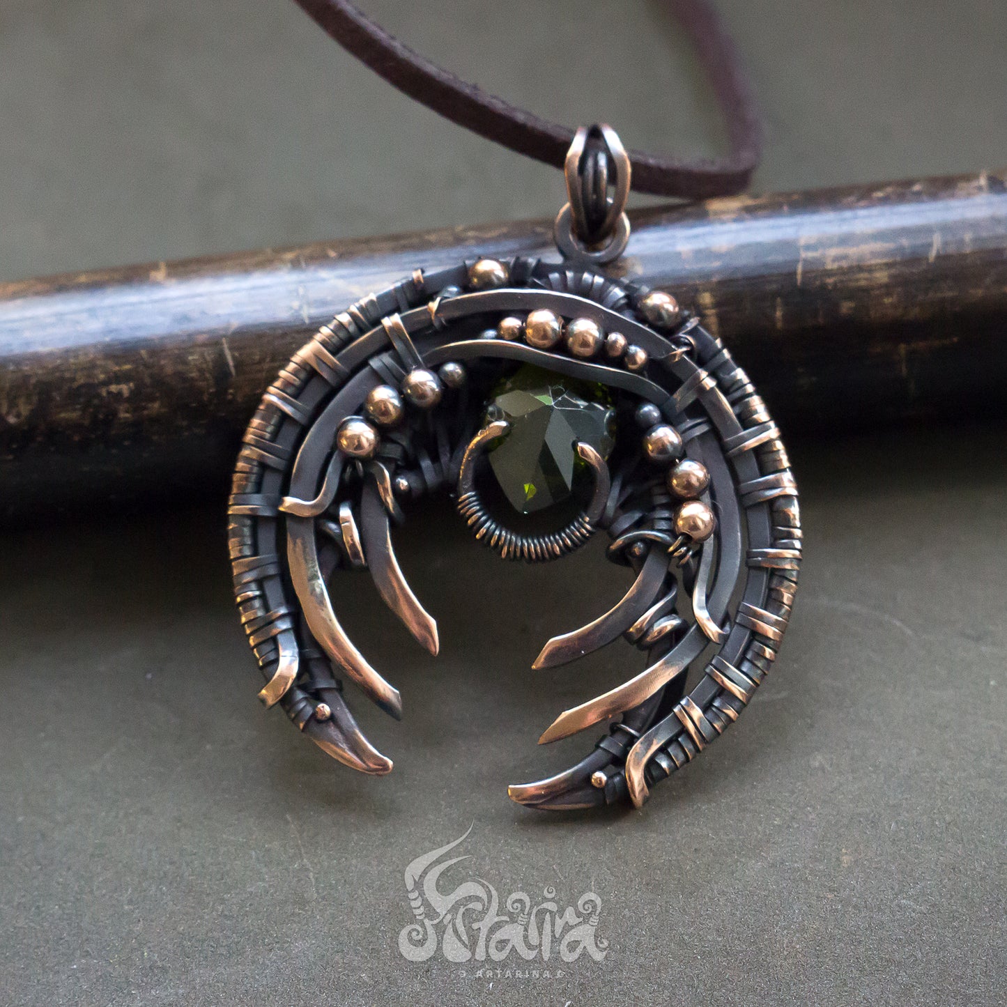 Heady wire wrapped pendant. Moon luna shape crescent pendant Antiqued copper green stone jewelry wirework pendant Star wire wrapped necklace Heady wire wrapped pendant necklace by Artarina