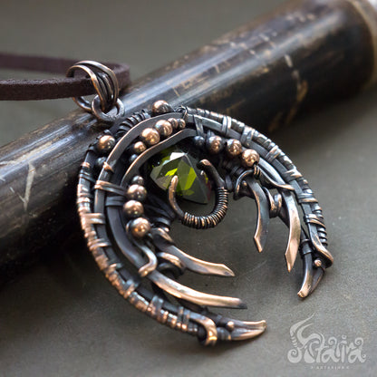 Heady wire wrapped pendant. Moon luna shape crescent pendant Antiqued copper green stone jewelry wirework pendant Star wire wrapped necklace Heady wire wrapped pendant necklace by Artarina