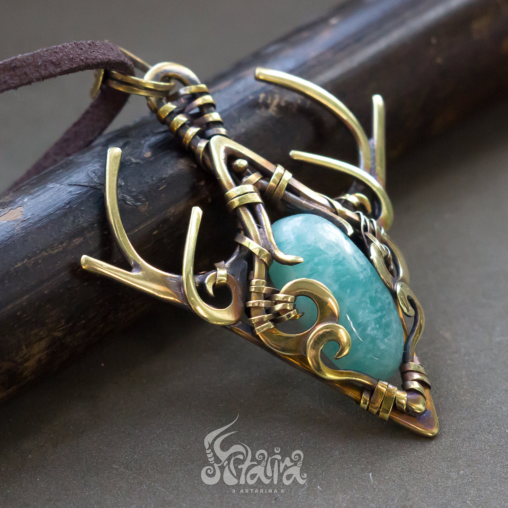 Brass Wire Wrapped Pendant Wire wrap pendent Protection amulet Wire wrapped light blue amazonite stone necklace Brass Jewelry Elven golden color necklace Golden wire wrapped pendant neck piece made by Artarina