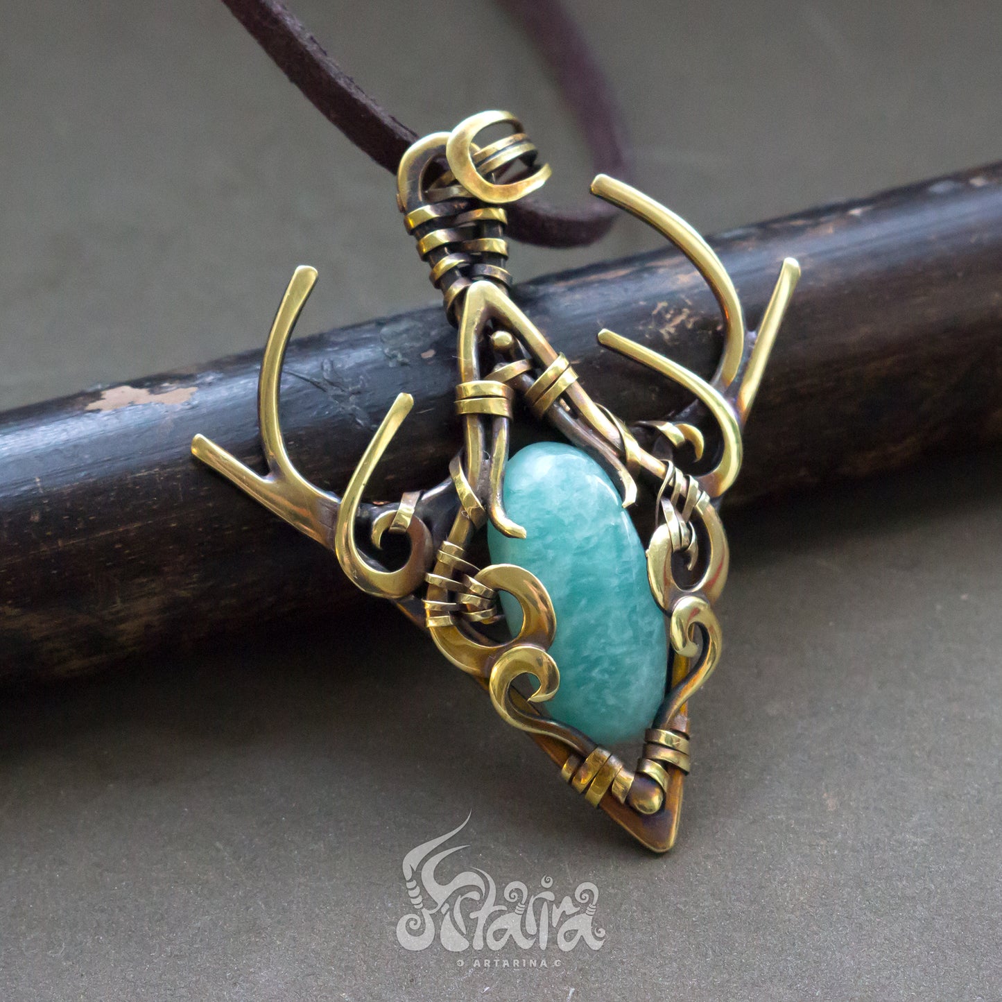 Brass Wire Wrapped Pendant Wire wrap pendent Protection amulet Wire wrapped light blue amazonite stone necklace Brass Jewelry Elven golden color necklace Golden wire wrapped pendant neck piece made by Artarina