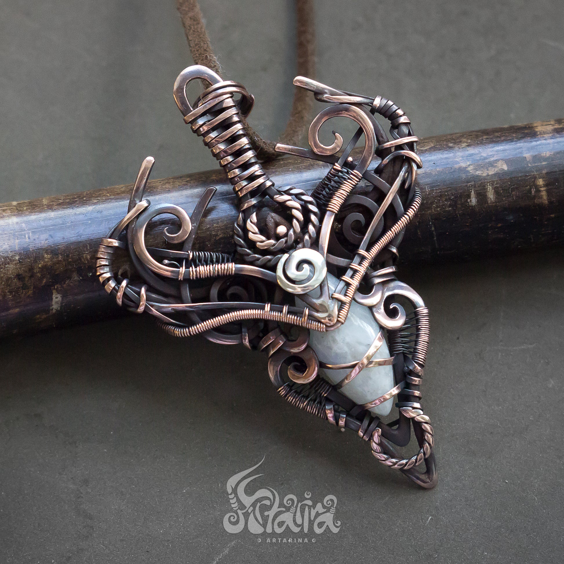 Moonstone wire wrapped necklace White stone unique elven jewelry wirewrapped designer natural gemstone necklace Energy spiritual necklace fantasy elven wirework copper antiqued necklace by Artarina Fairy crystals forest spirit necklace