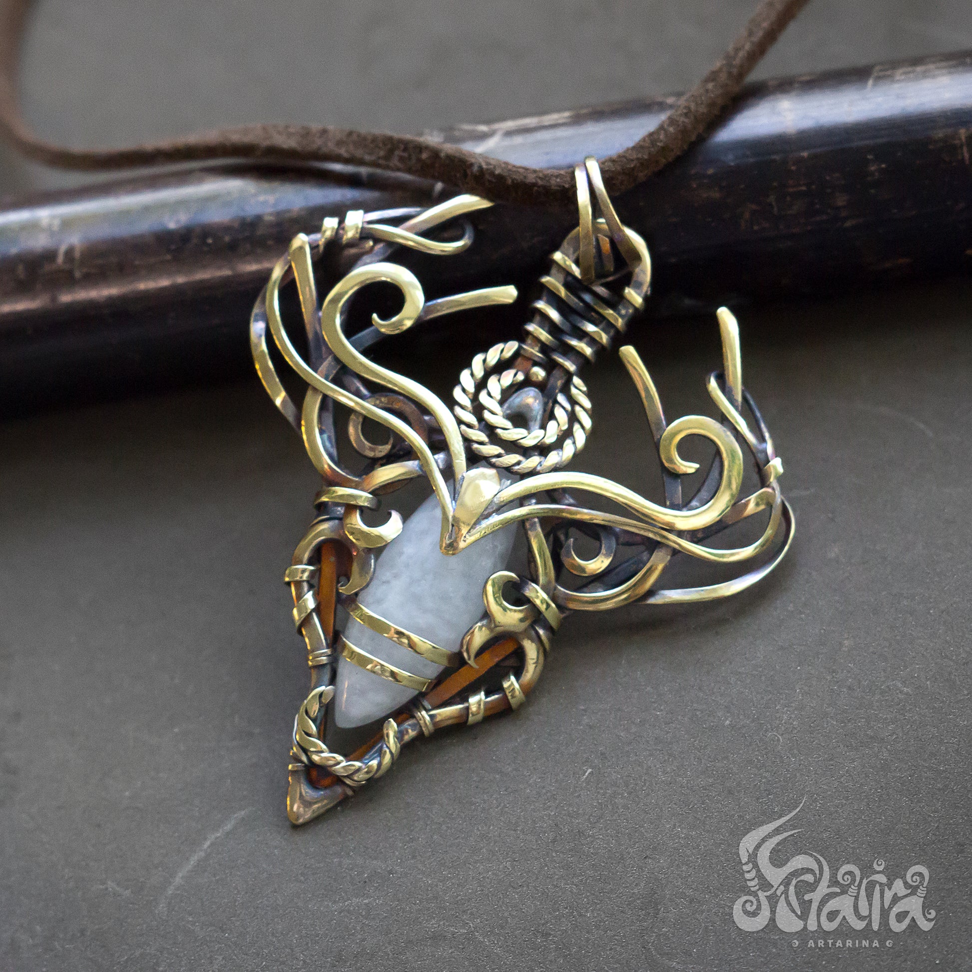 Brass Wire Wrapped Gemstone Pendant Golden colored Designer Pendant Gift For Her solid brass metalwork necklace with white moonstone Elven golden metalwork necklace JRPG jewelry fantasy geek nerd gift Dragon pendant by Artarina