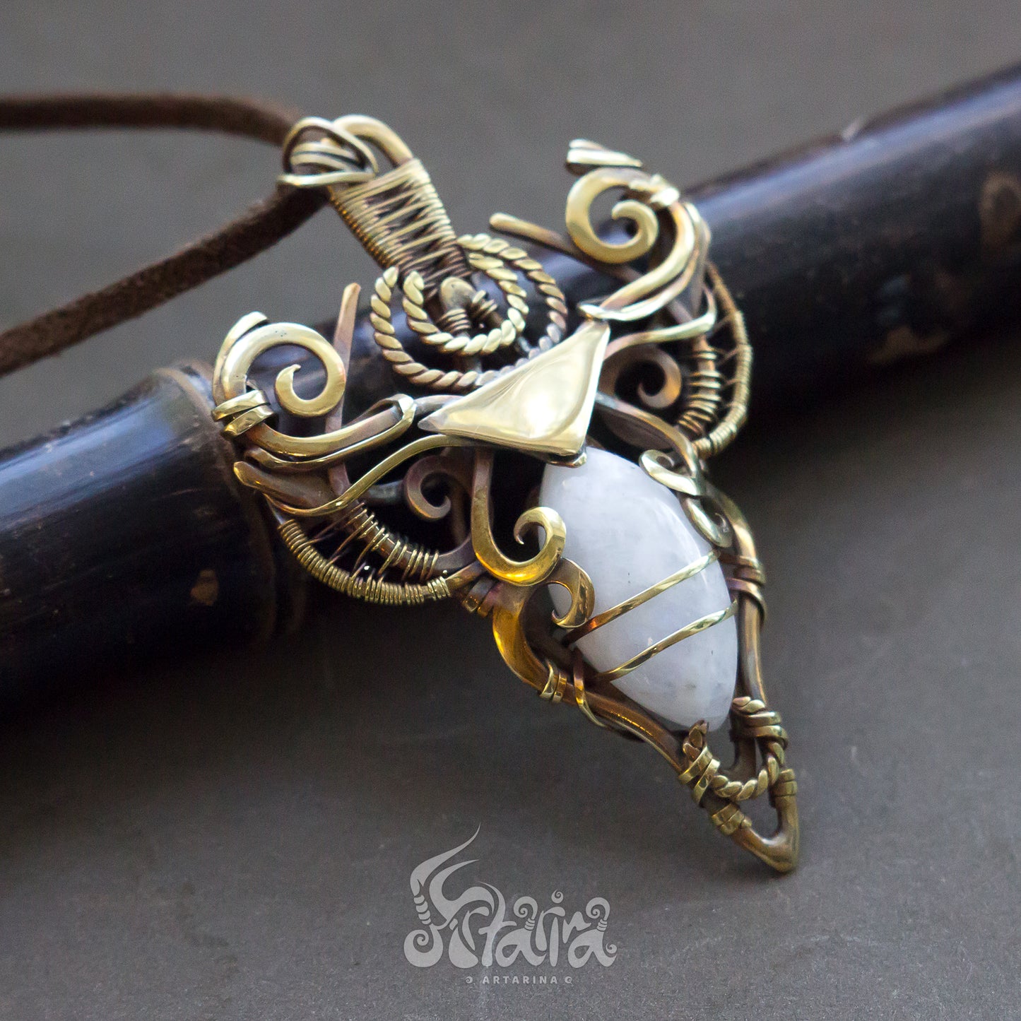 Brass Wire Wrapped Gemstone Pendant Golden colored Designer Pendant Gift For Her solid brass metalwork necklace with white moonstone
