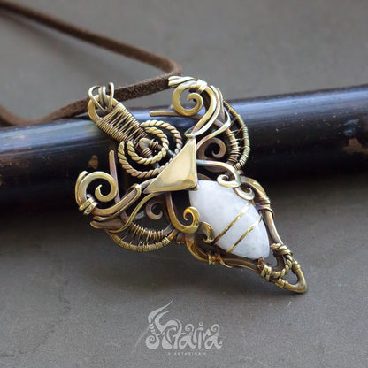 Brass Wire Wrapped Gemstone Pendant Golden colored Designer Pendant Gift For Her solid brass metalwork necklace with white moonstone