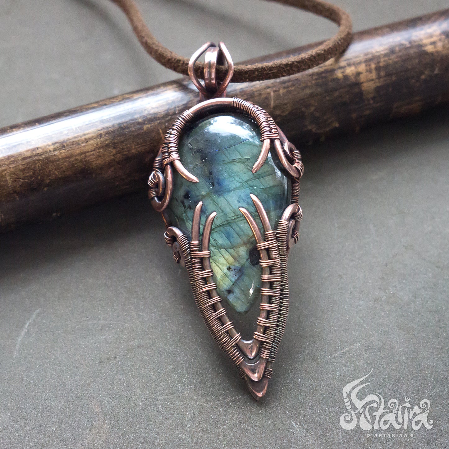 Wire wrapped necklace with stone. Copper wirewrap pendent Natural labradorite stone wirework handcrafted necklace Mens pendant Pagan wirework jewelry necklace handmade handcrafted antiqued copper jewelry piece with multicolored labradorite stone