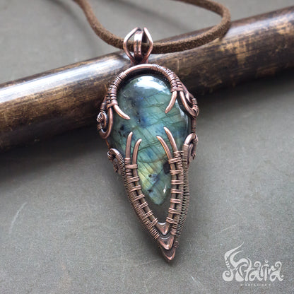 Wire wrapped necklace with stone. Copper wirewrap pendent Natural labradorite stone wirework handcrafted necklace Mens pendant Pagan wirework jewelry necklace handmade handcrafted antiqued copper jewelry piece with multicolored labradorite stone