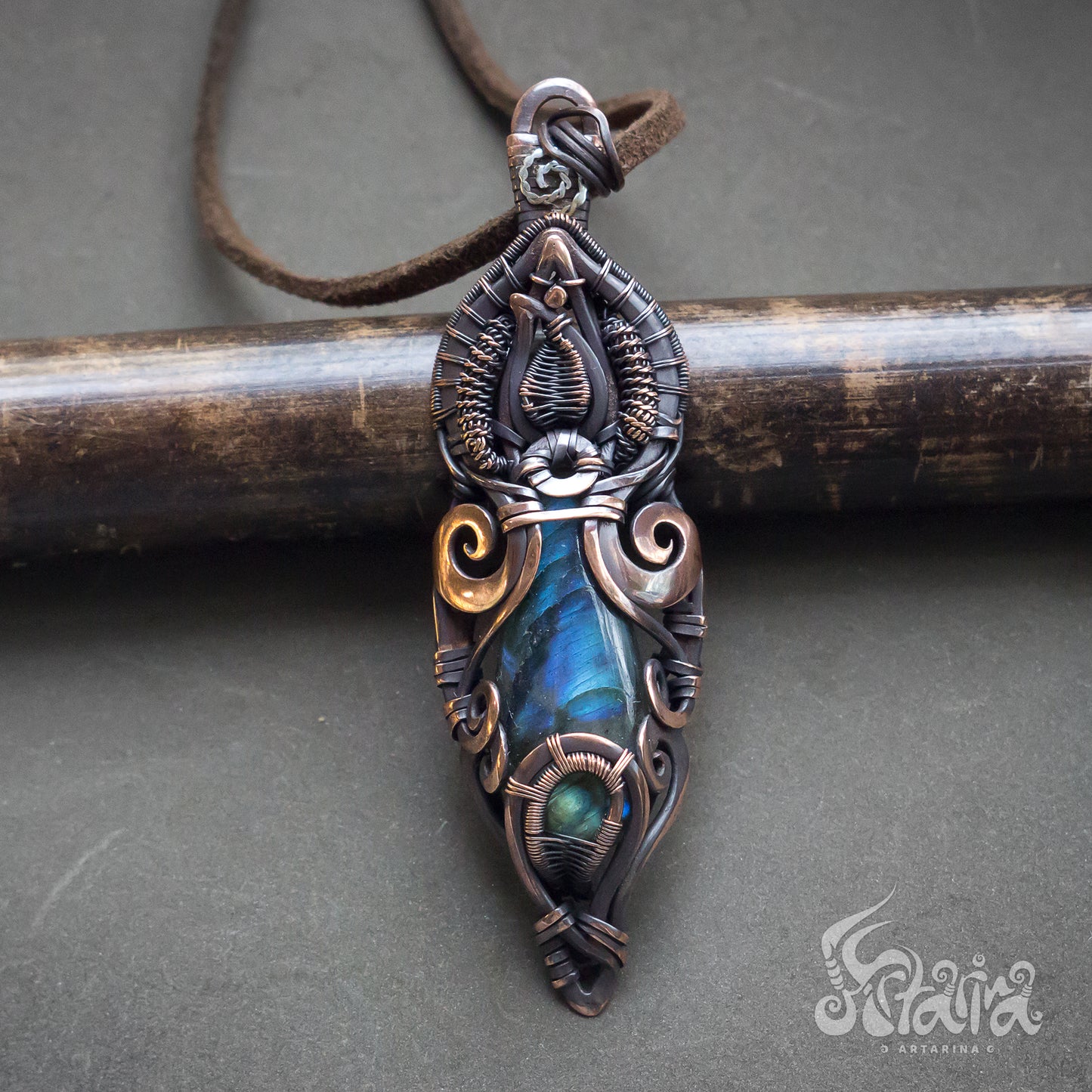 Labradorite wire wrapped necklace Blue stone unique elven jewelry wirewrapped designer natural gemstone necklace Energy spiritual necklace Artarina wirework jewelry pendant made from copper wire Wire weaved heady bold jewelelry bijoux