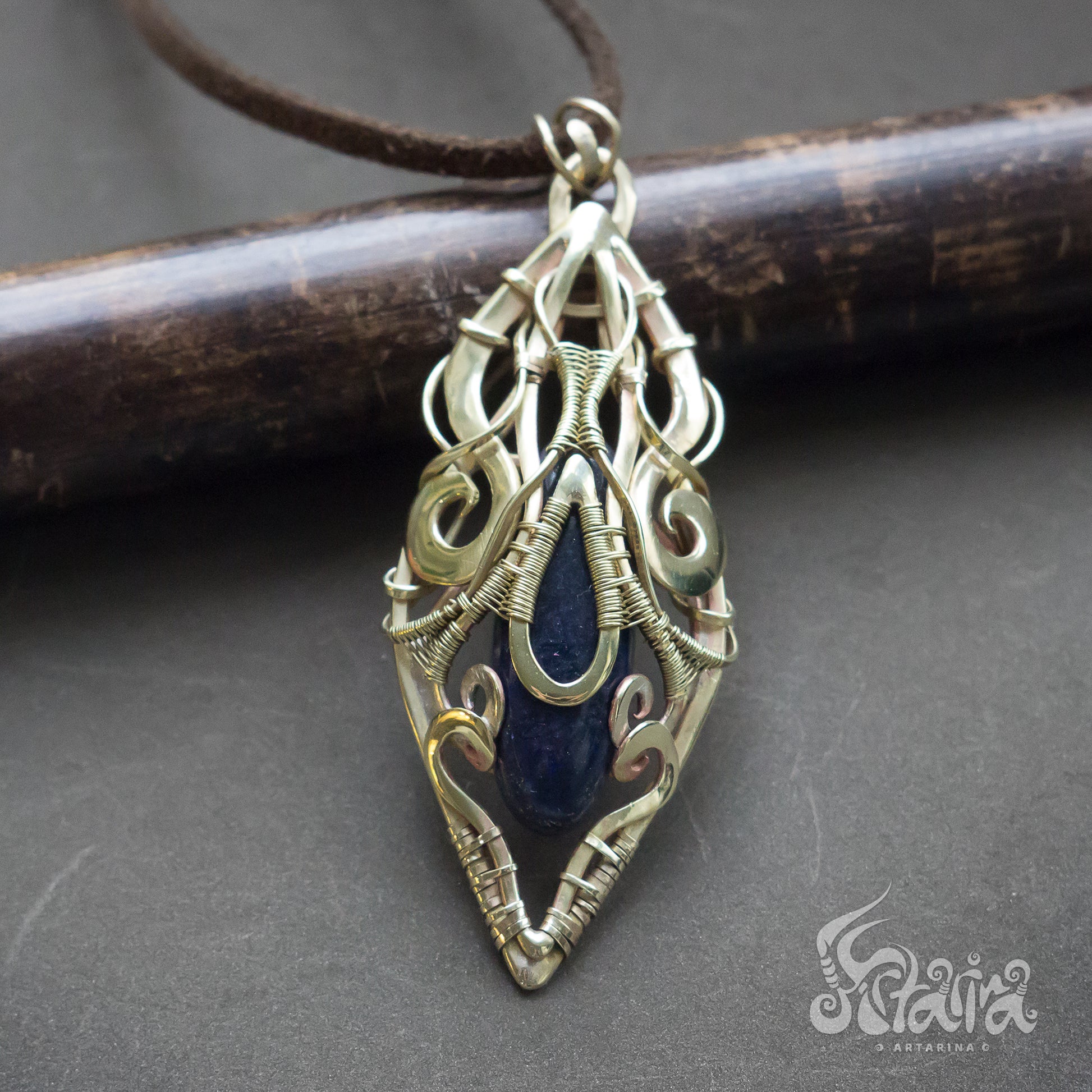 Brass wire wrapped crystal pendant with blue sodalite stone. This fairy elven necklace was made in wire wrap technique from golden brass and natural white moonstone stone crystals jrpg geek talisman jewelry by Artarina