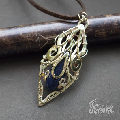 Brass wire wrapped crystal pendant with blue sodalite stone. This fairy elven necklace was made in wire wrap technique from golden brass and natural white moonstone stone crystals jrpg geek talisman jewelry by Artarina