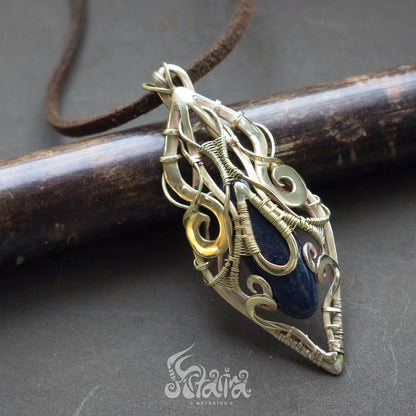 Brass wire wrapped crystal pendant with blue sodalite stone. This fairy elven necklace was made in wire wrap technique from golden brass and natural white moonstone stone crystals jrpg geek talisman jewelry by Artarina